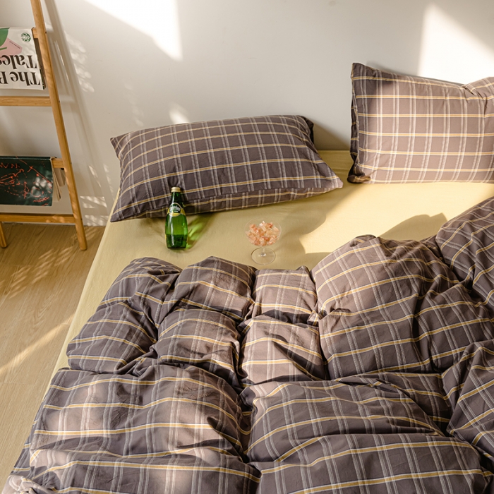 91家纺网 家纺一手货源 找家纺 柠萌家居 2021新款无印风格良品色织水洗棉四件套 灰黄格