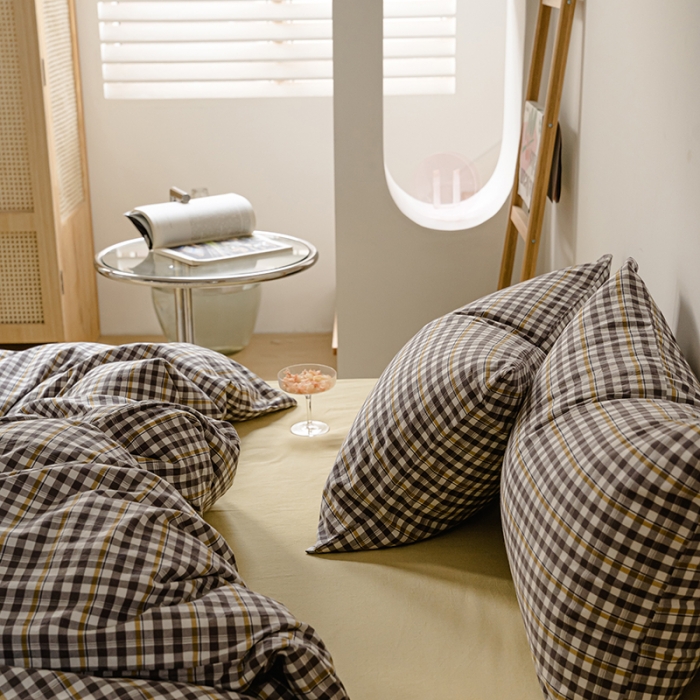 91家纺网 家纺一手货源 找家纺 柠萌家居 2021新款无印风格良品色织水洗棉四件套 灰黄小格