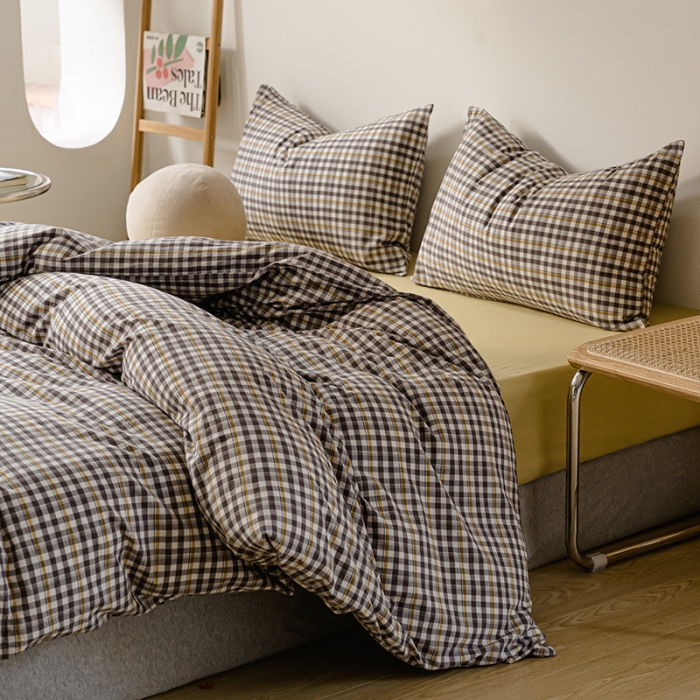 91家纺网 家纺一手货源 找家纺 柠萌家居 2021新款无印风格良品色织水洗棉四件套 灰黄小格