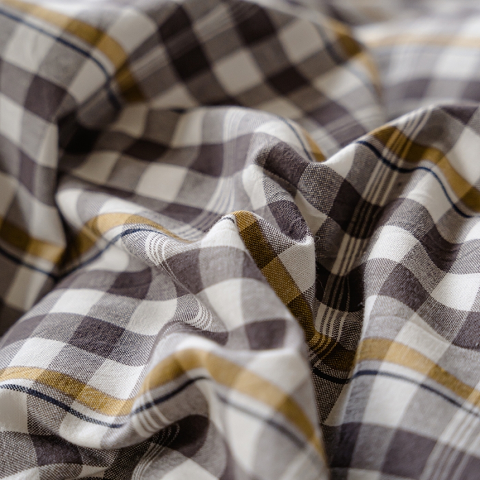 91家纺网 家纺一手货源 找家纺 柠萌家居 2021新款无印风格良品色织水洗棉四件套 灰黄小格