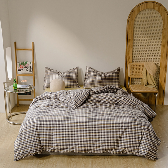 91家纺网 家纺一手货源 找家纺 柠萌家居 2021新款无印风格良品色织水洗棉四件套 灰黄小格