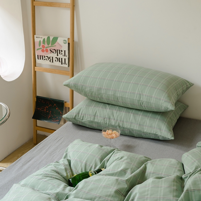 91家纺网 家纺一手货源 找家纺 柠萌家居 2021新款无印风格良品色织水洗棉四件套 叶绿格