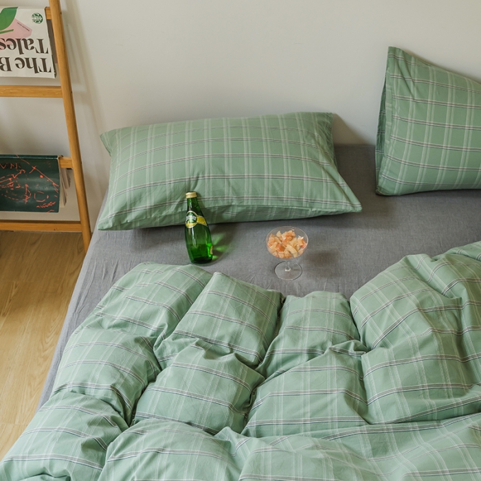 91家纺网 家纺一手货源 找家纺 柠萌家居 2021新款无印风格良品色织水洗棉四件套 叶绿格