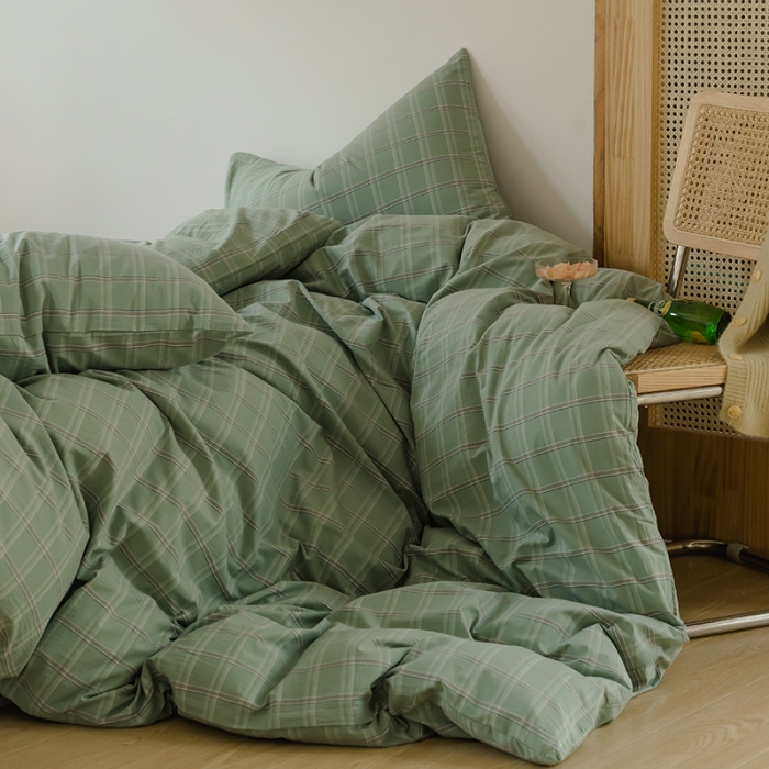 91家纺网 家纺一手货源 找家纺 柠萌家居 2021新款无印风格良品色织水洗棉四件套 叶绿格