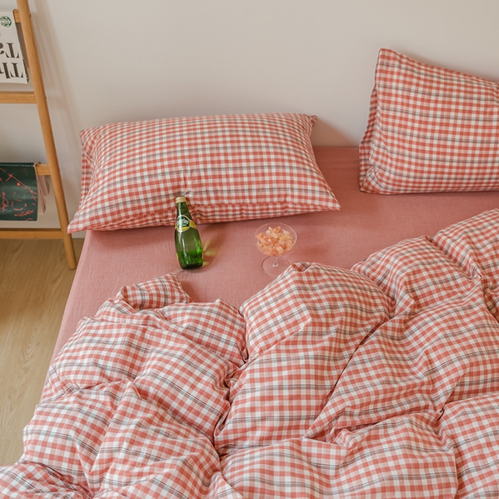 91家纺网 家纺一手货源 找家纺 柠萌家居 2021新款无印风格良品色织水洗棉四件套 砖红小格