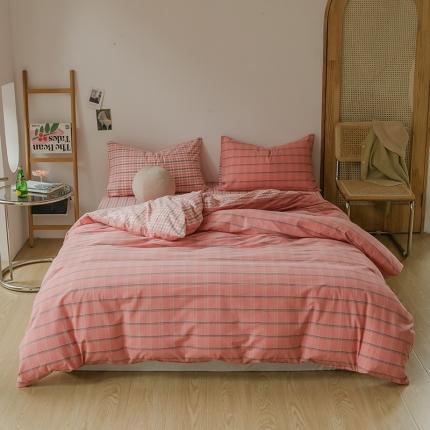 91家纺网 家纺一手货源 找家纺 柠萌家居 无印风格良品格子AB板色织水洗棉四件套 粉灰格A