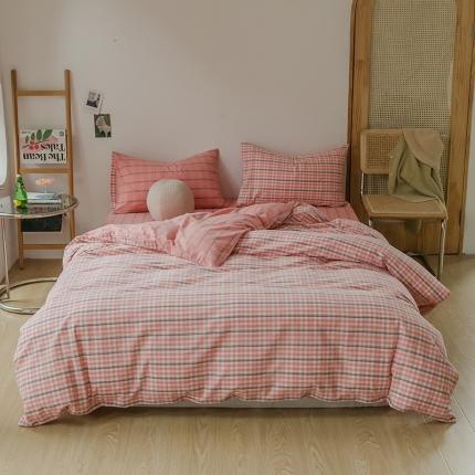91家纺网 家纺一手货源 找家纺 柠萌家居 无印风格良品格子AB板色织水洗棉四件套 粉灰格B
