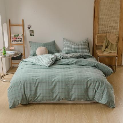 91家纺网 家纺一手货源 找家纺 柠萌家居 无印风格良品格子AB板色织水洗棉四件套 海蓝格A