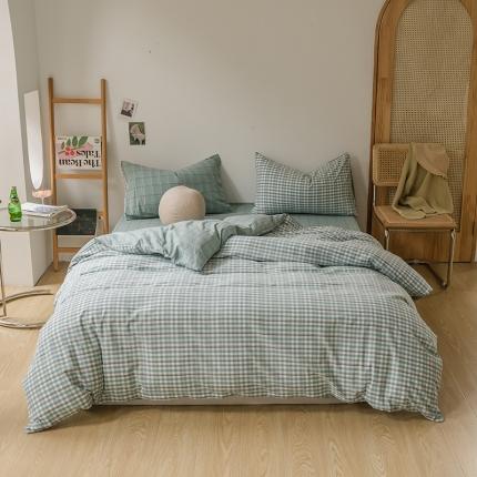 91家纺网 家纺一手货源 找家纺 柠萌家居 无印风格良品格子AB板色织水洗棉四件套 海蓝格B