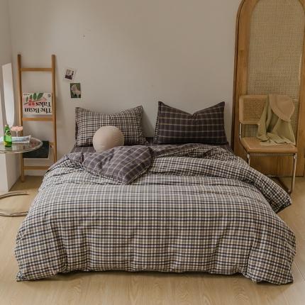 91家纺网 家纺一手货源 找家纺 柠萌家居 无印风格良品格子AB板色织水洗棉四件套 灰黄格B