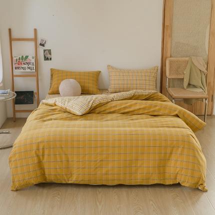 91家纺网 家纺一手货源 找家纺 柠萌家居 无印风格良品格子AB板色织水洗棉四件套 姜黄格A