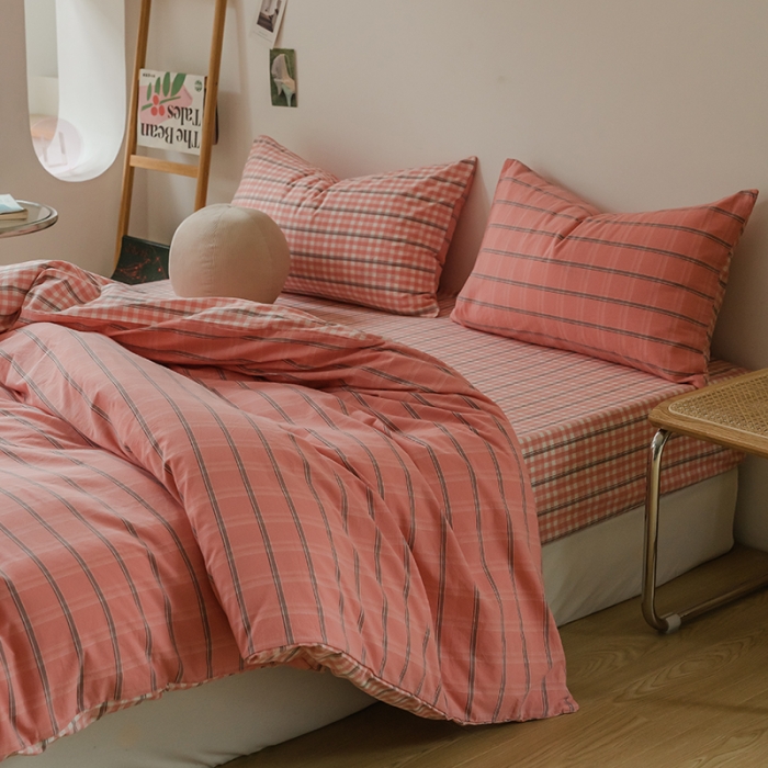 91家纺网 家纺一手货源 找家纺 （总）柠萌家居 无印风格良品格子AB板色织水洗棉四件套