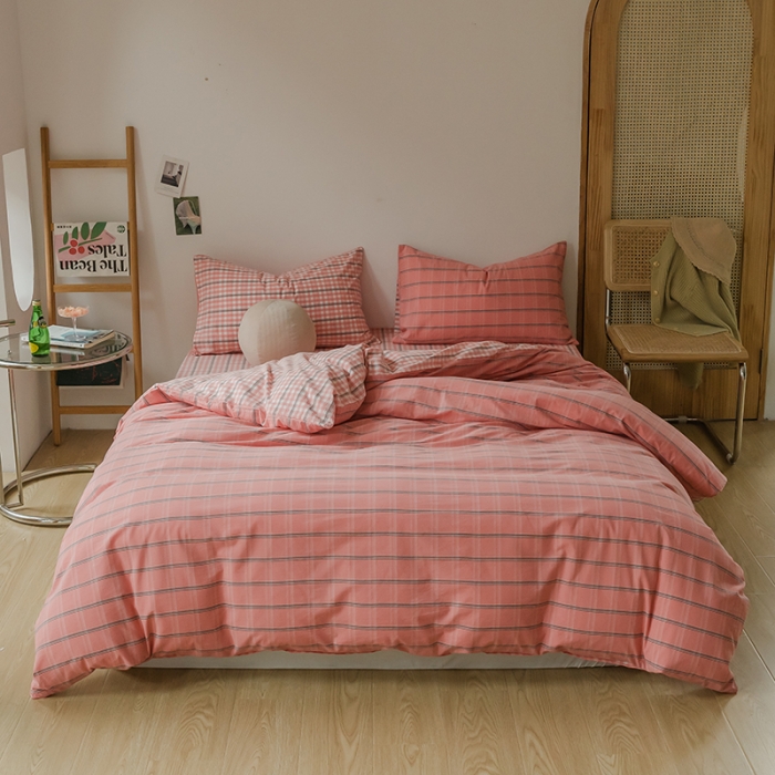 91家纺网 家纺一手货源 找家纺 柠萌家居 无印风格良品格子AB板色织水洗棉四件套 粉灰格A