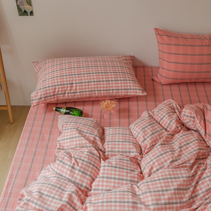 91家纺网 家纺一手货源 找家纺 柠萌家居 无印风格良品格子AB板色织水洗棉四件套 粉灰格B
