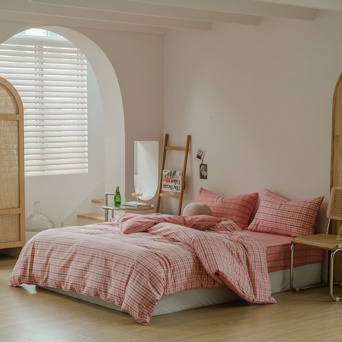 91家纺网 家纺一手货源 找家纺 柠萌家居 无印风格良品格子AB板色织水洗棉四件套 粉灰格B