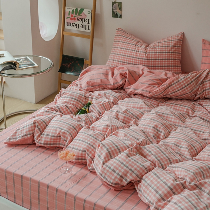 91家纺网 家纺一手货源 找家纺 柠萌家居 无印风格良品格子AB板色织水洗棉四件套 粉灰格B