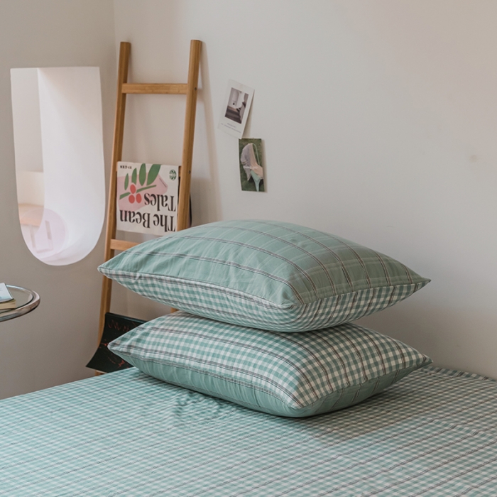 91家纺网 家纺一手货源 找家纺 柠萌家居 无印风格良品格子AB板色织水洗棉四件套 海蓝格A