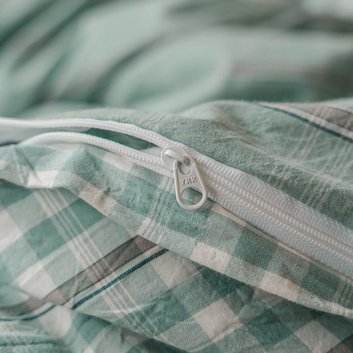 91家纺网 家纺一手货源 找家纺 柠萌家居 无印风格良品格子AB板色织水洗棉四件套 海蓝格A