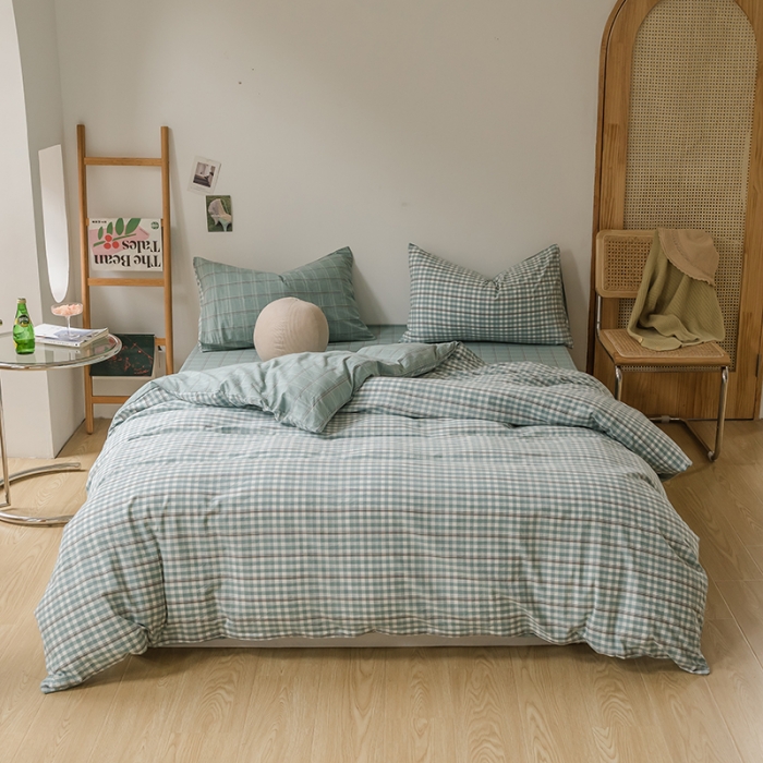 91家纺网 家纺一手货源 找家纺 柠萌家居 无印风格良品格子AB板色织水洗棉四件套 海蓝格B