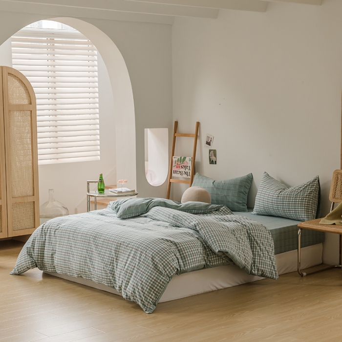 91家纺网 家纺一手货源 找家纺 柠萌家居 无印风格良品格子AB板色织水洗棉四件套 海蓝格B