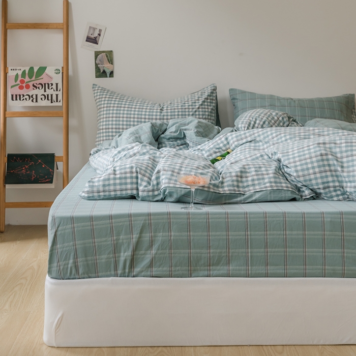 91家纺网 家纺一手货源 找家纺 柠萌家居 无印风格良品格子AB板色织水洗棉四件套 海蓝格B