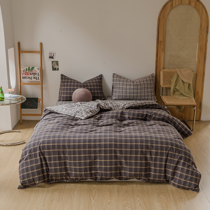 91家纺网 家纺一手货源 找家纺 柠萌家居 无印风格良品格子AB板色织水洗棉四件套 灰黄格A