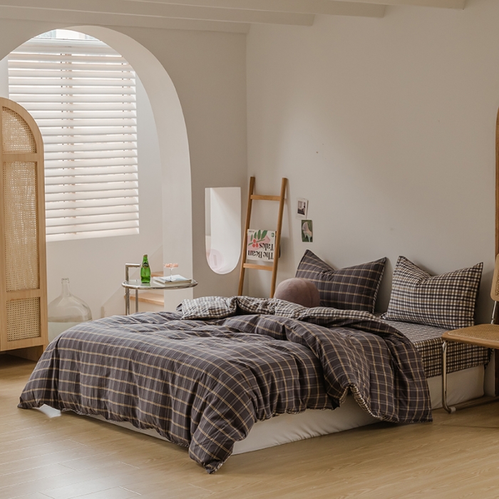 91家纺网 家纺一手货源 找家纺 柠萌家居 无印风格良品格子AB板色织水洗棉四件套 灰黄格A