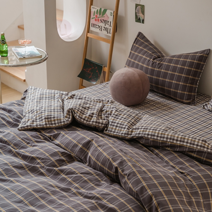 91家纺网 家纺一手货源 找家纺 柠萌家居 无印风格良品格子AB板色织水洗棉四件套 灰黄格A