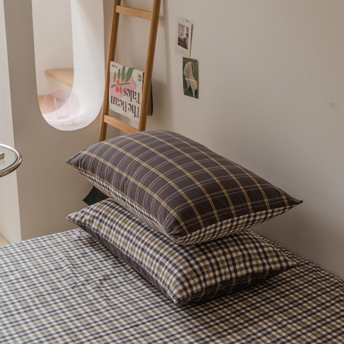 91家纺网 家纺一手货源 找家纺 柠萌家居 无印风格良品格子AB板色织水洗棉四件套 灰黄格A