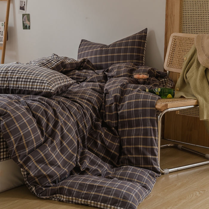 91家纺网 家纺一手货源 找家纺 柠萌家居 无印风格良品格子AB板色织水洗棉四件套 灰黄格A