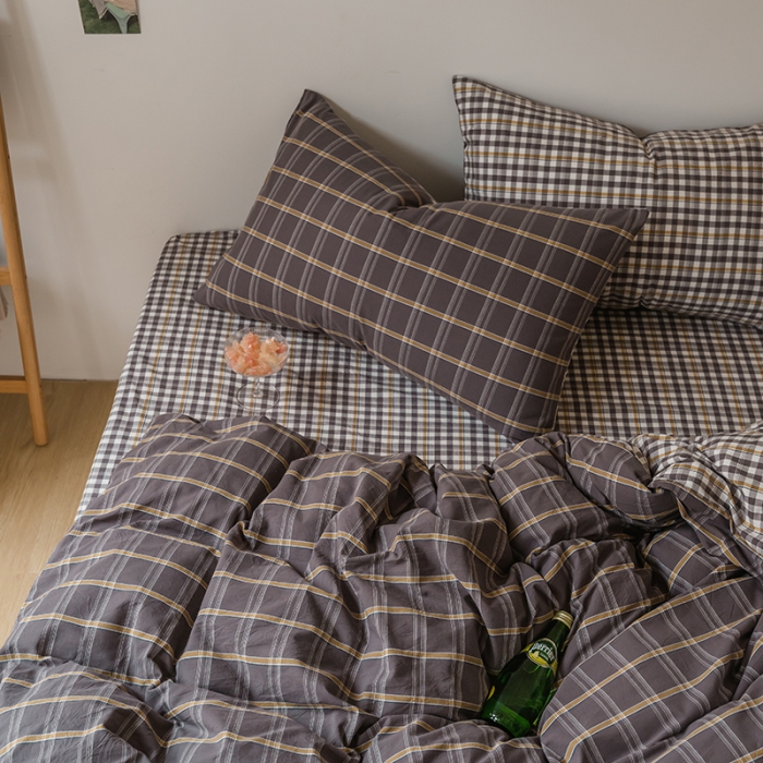 91家纺网 家纺一手货源 找家纺 柠萌家居 无印风格良品格子AB板色织水洗棉四件套 灰黄格A