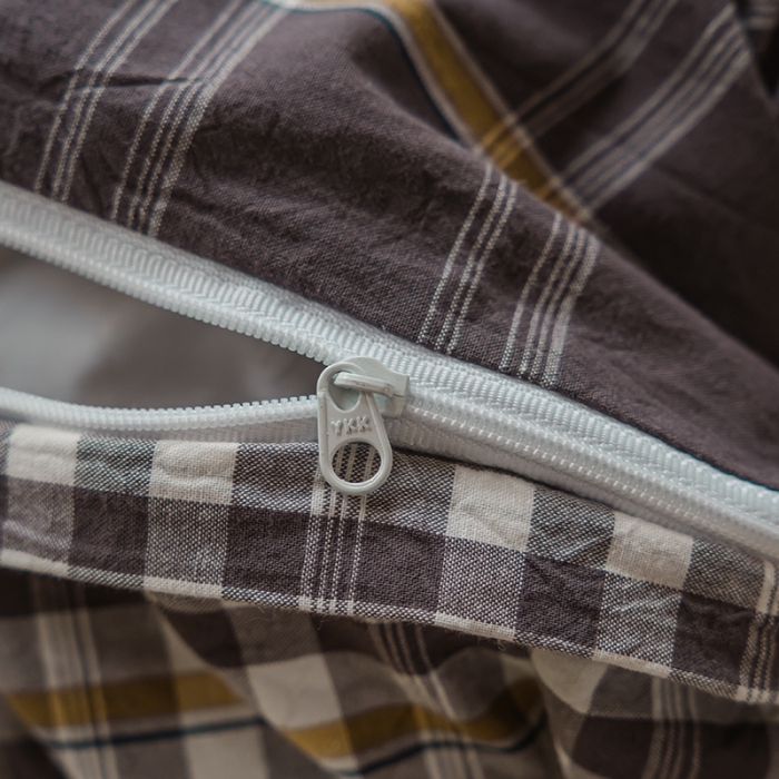 91家纺网 家纺一手货源 找家纺 柠萌家居 无印风格良品格子AB板色织水洗棉四件套 灰黄格A