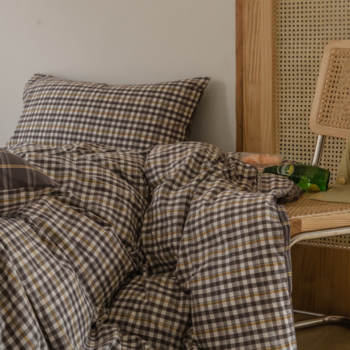 91家纺网 家纺一手货源 找家纺 柠萌家居 无印风格良品格子AB板色织水洗棉四件套 灰黄格B