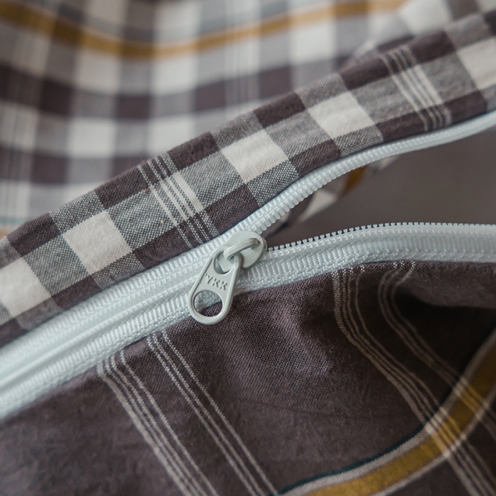 91家纺网 家纺一手货源 找家纺 柠萌家居 无印风格良品格子AB板色织水洗棉四件套 灰黄格B