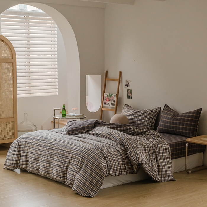 91家纺网 家纺一手货源 找家纺 柠萌家居 无印风格良品格子AB板色织水洗棉四件套 灰黄格B