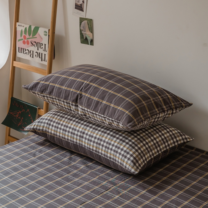 91家纺网 家纺一手货源 找家纺 柠萌家居 无印风格良品格子AB板色织水洗棉四件套 灰黄格B