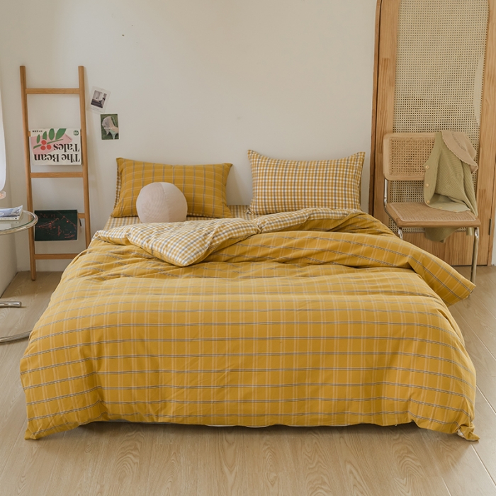 91家纺网 家纺一手货源 找家纺 柠萌家居 无印风格良品格子AB板色织水洗棉四件套 姜黄格A