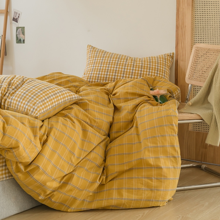 91家纺网 家纺一手货源 找家纺 柠萌家居 无印风格良品格子AB板色织水洗棉四件套 姜黄格A