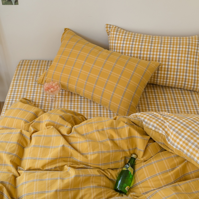 91家纺网 家纺一手货源 找家纺 柠萌家居 无印风格良品格子AB板色织水洗棉四件套 姜黄格A