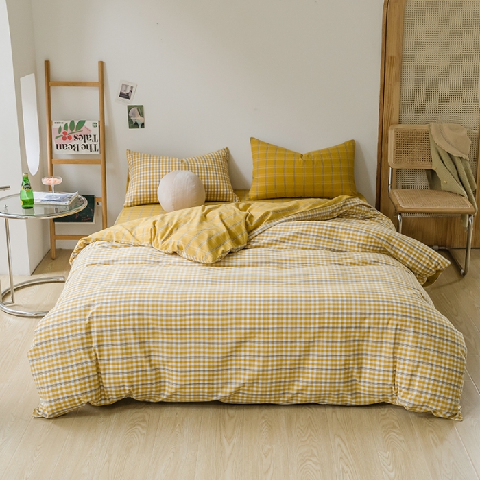 91家纺网 家纺一手货源 找家纺 柠萌家居 无印风格良品格子AB板色织水洗棉四件套 姜黄格B