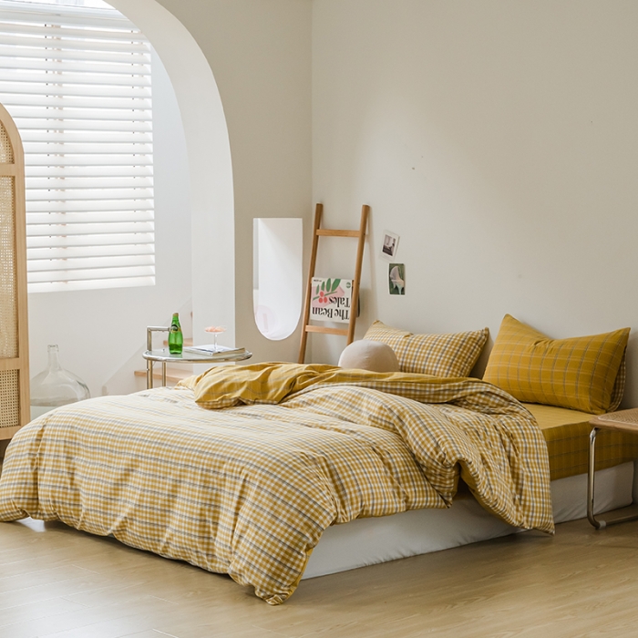 91家纺网 家纺一手货源 找家纺 柠萌家居 无印风格良品格子AB板色织水洗棉四件套 姜黄格B