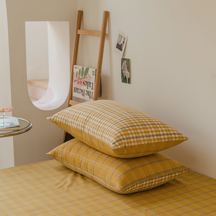 91家纺网 家纺一手货源 找家纺 柠萌家居 无印风格良品格子AB板色织水洗棉四件套 姜黄格B