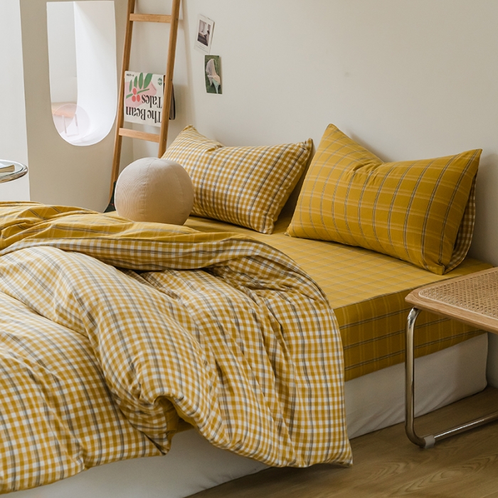 91家纺网 家纺一手货源 找家纺 柠萌家居 无印风格良品格子AB板色织水洗棉四件套 姜黄格B