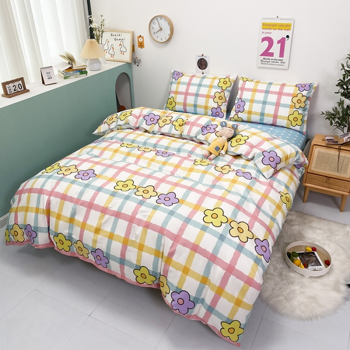 91家纺网 家纺一手货源 找家纺 珺柔家纺 2021新款全棉印花四件套系列三 彩格小花