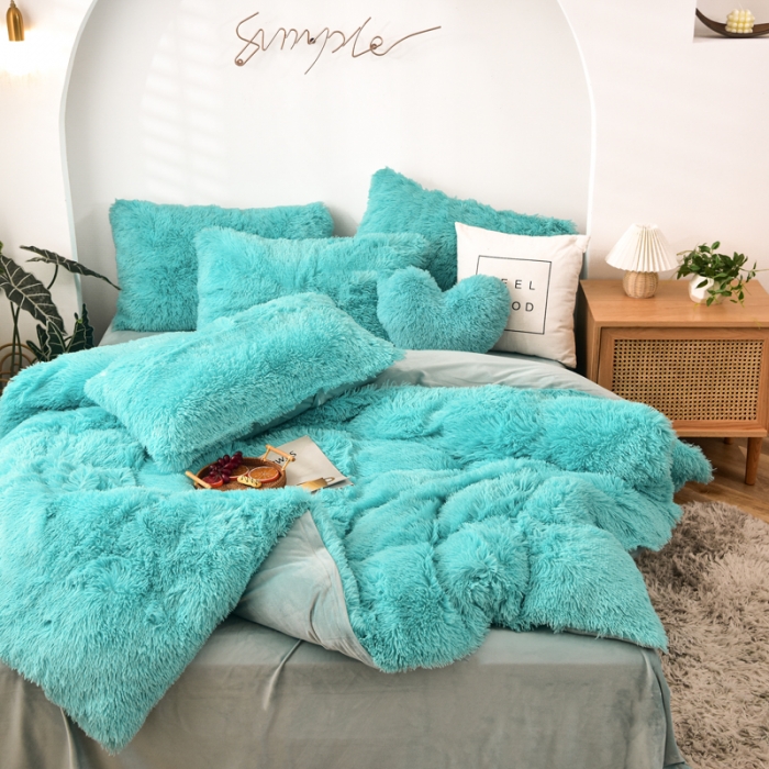 91家纺网 家纺一手货源 找家纺 邦妮家纺 2024新款云貂绒四件套 天蓝