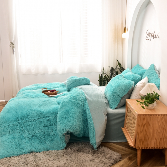 91家纺网 家纺一手货源 找家纺 邦妮家纺 2024新款云貂绒四件套 天蓝