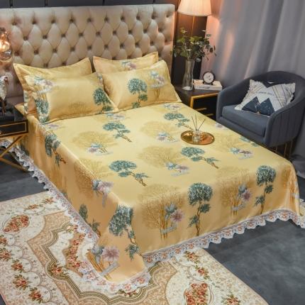 91家纺网 家纺一手货源 找家纺 ds生活馆 2021新款欧式蕾丝花边床单款凉席冰丝席梦境黄