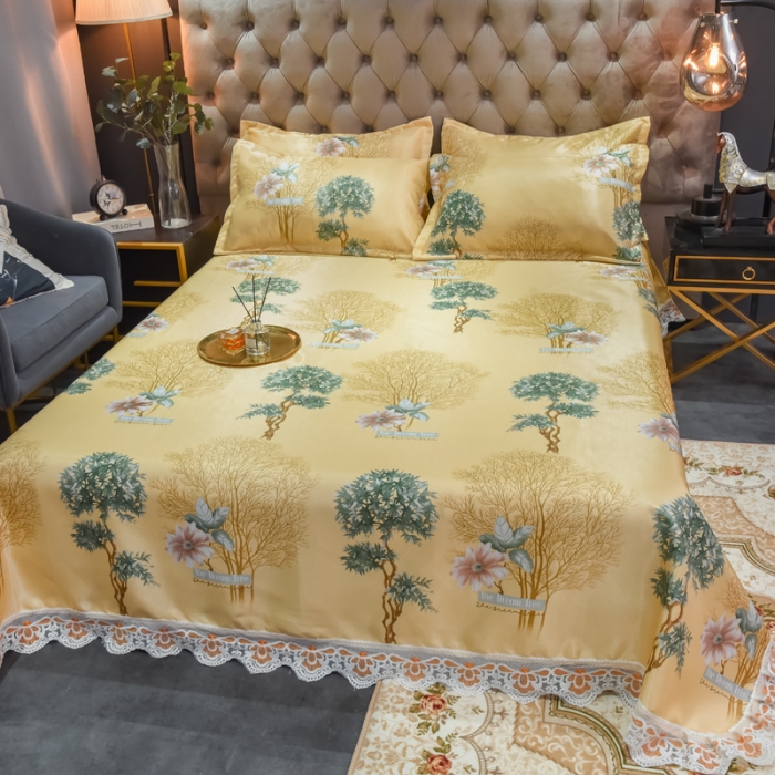 91家纺网 家纺一手货源 找家纺 ds生活馆 2021新款欧式蕾丝花边床单款凉席冰丝席梦境黄