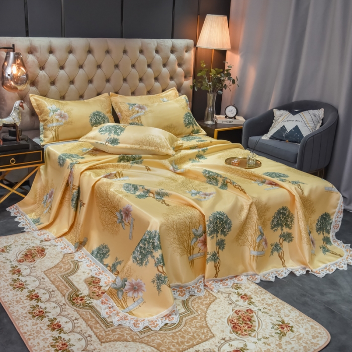 91家纺网 家纺一手货源 找家纺 ds生活馆 2021新款欧式蕾丝花边床单款凉席冰丝席梦境黄