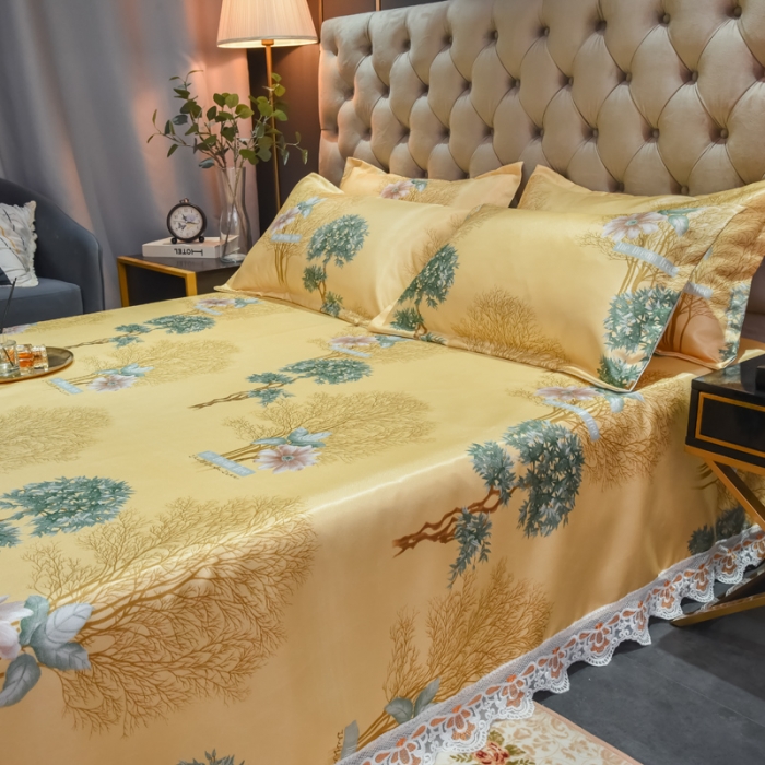 91家纺网 家纺一手货源 找家纺 ds生活馆 2021新款欧式蕾丝花边床单款凉席冰丝席梦境黄